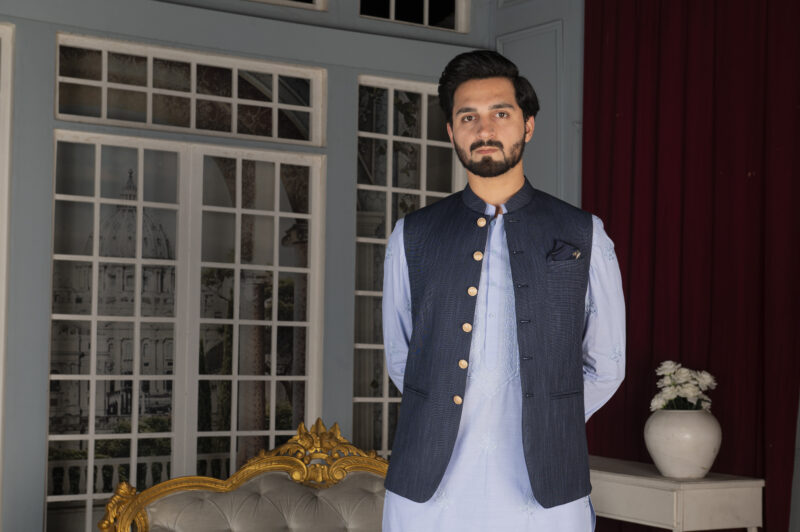 Blue Self Textured Waistcoat